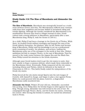 Study Guide #16 the Rise of Macedonia and Alexander the Great