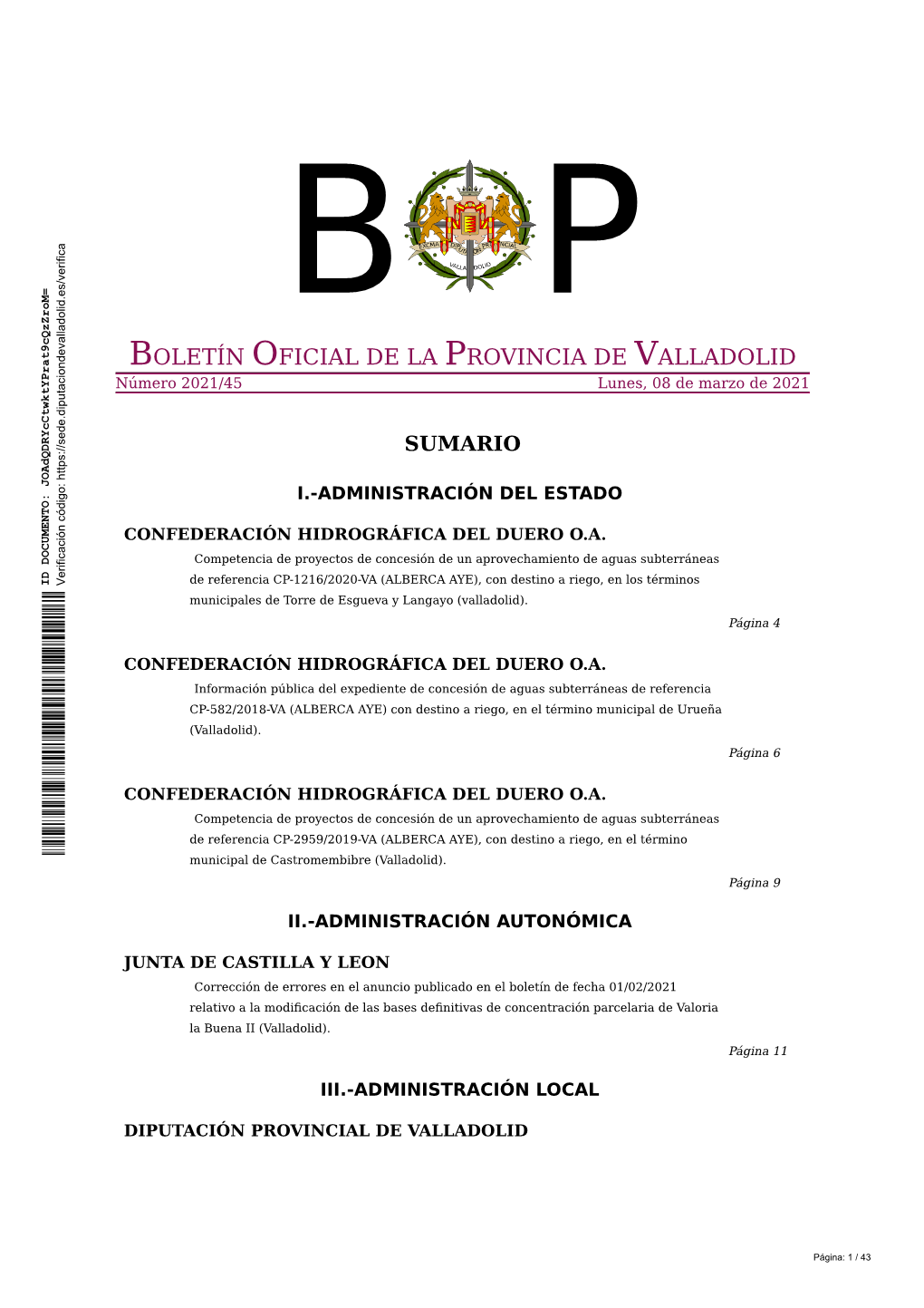 BOLETÍN OFICIAL DE LA PROVINCIA DE VALLADOLID Número 2021/45 Lunes, 08 De Marzo De 2021