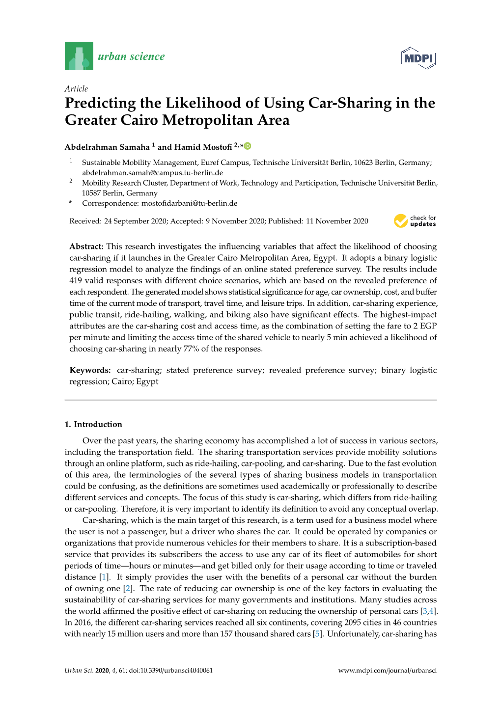 Predicting the Likelihood of Using Car-Sharing in the Greater Cairo Metropolitan Area