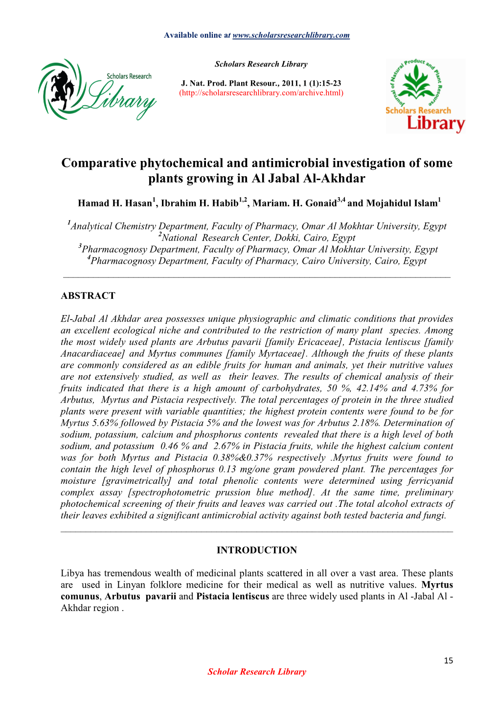 Comparative Phytochemical and Antimicrobial Investigation of Some Plants Growing in Al Jabal Al-Akhdar