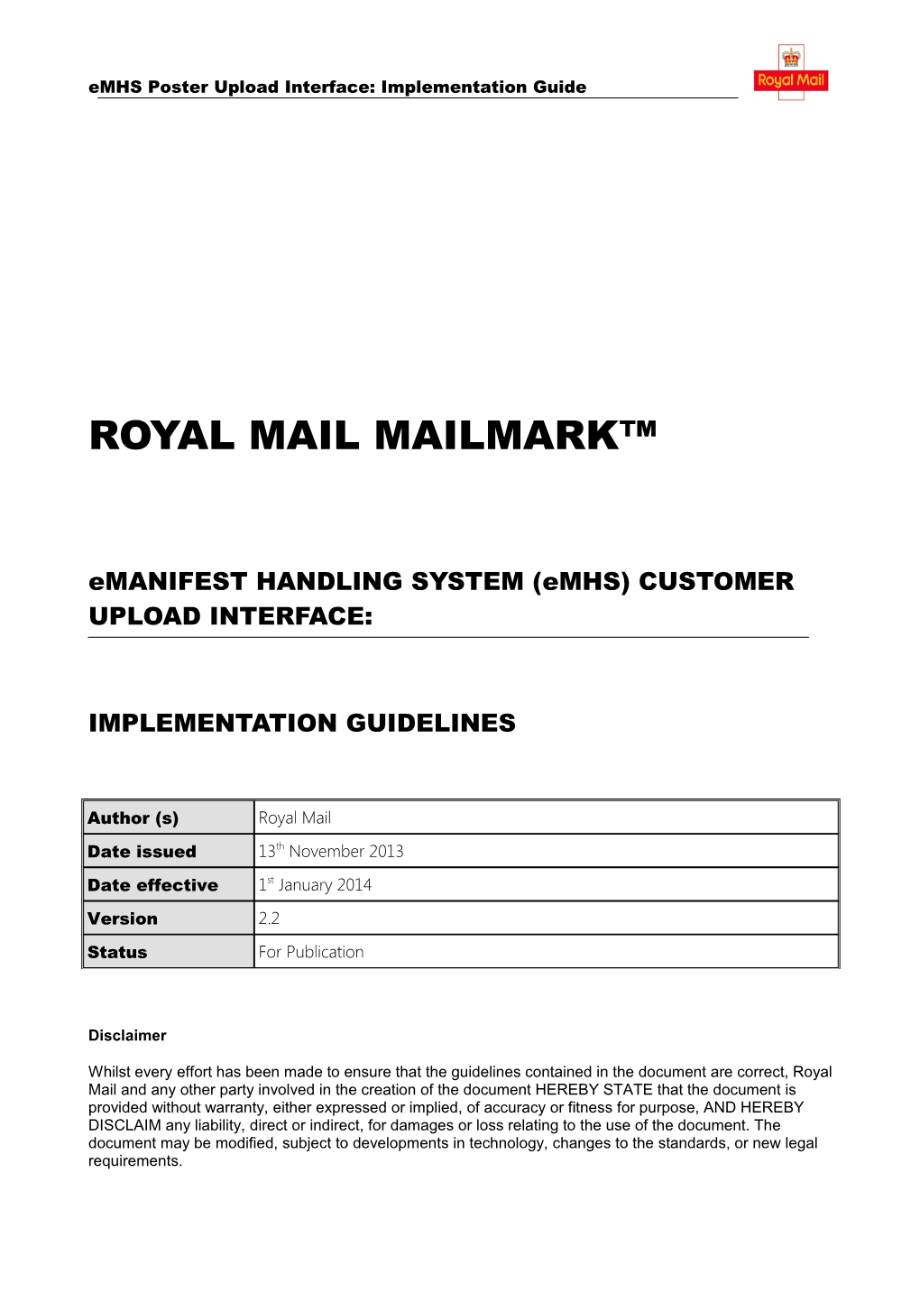 Mailmark Emanifest Handling System (Emhs) Implementation Guidelines