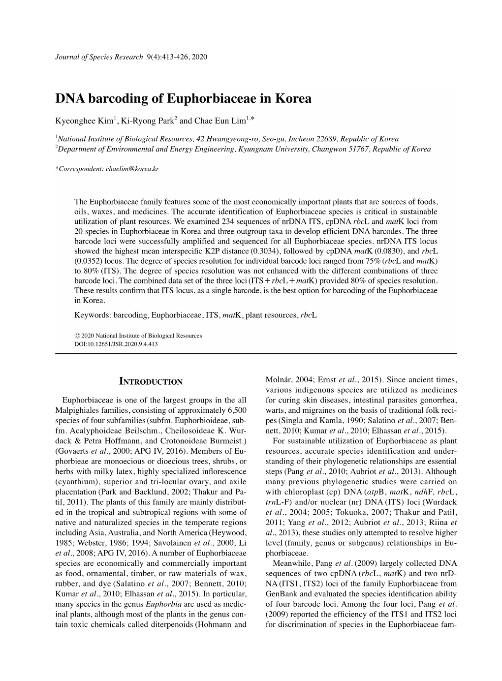 DNA Barcoding of Euphorbiaceae in Korea