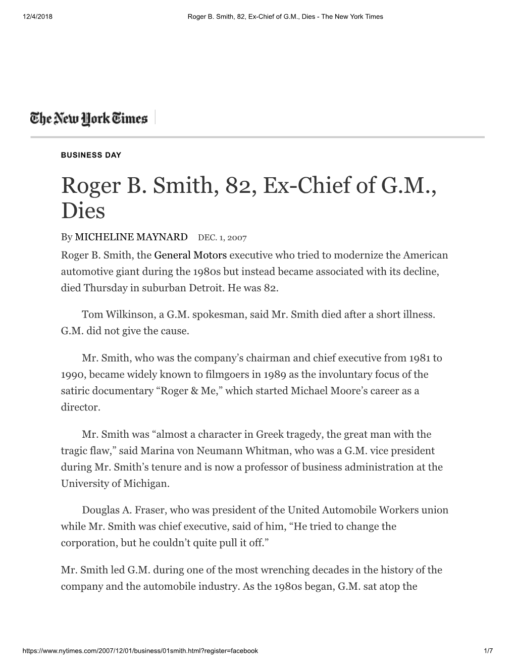 Roger B. Smith, 82, Ex-Chief of G.M., Dies - the New York Times