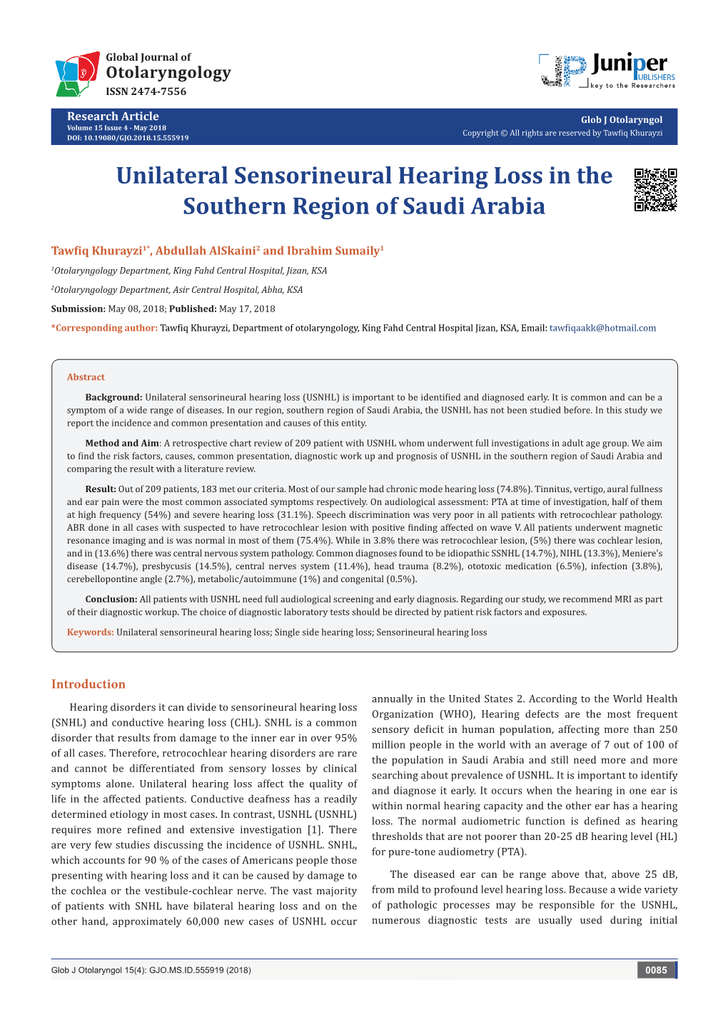 Unilateral Sensorineural Hearing Loss in the Southern Region of Saudi Arabia