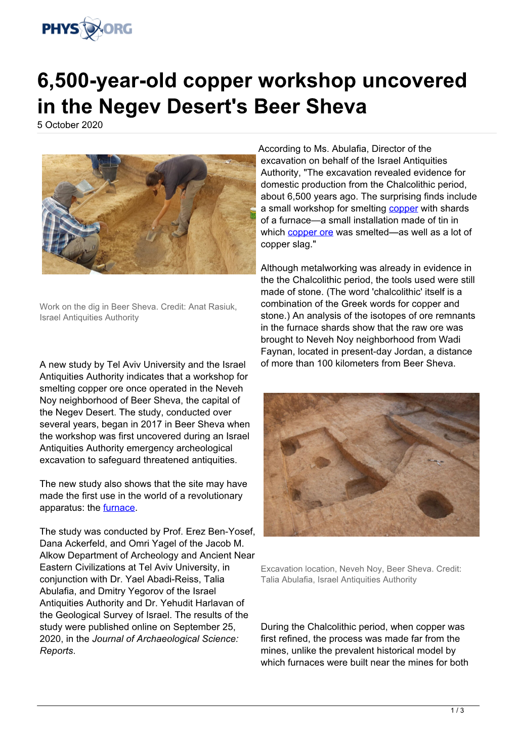 6,500-Year-Old Copper Workshop Uncovered in the Negev Desert's Beer Sheva 5 October 2020