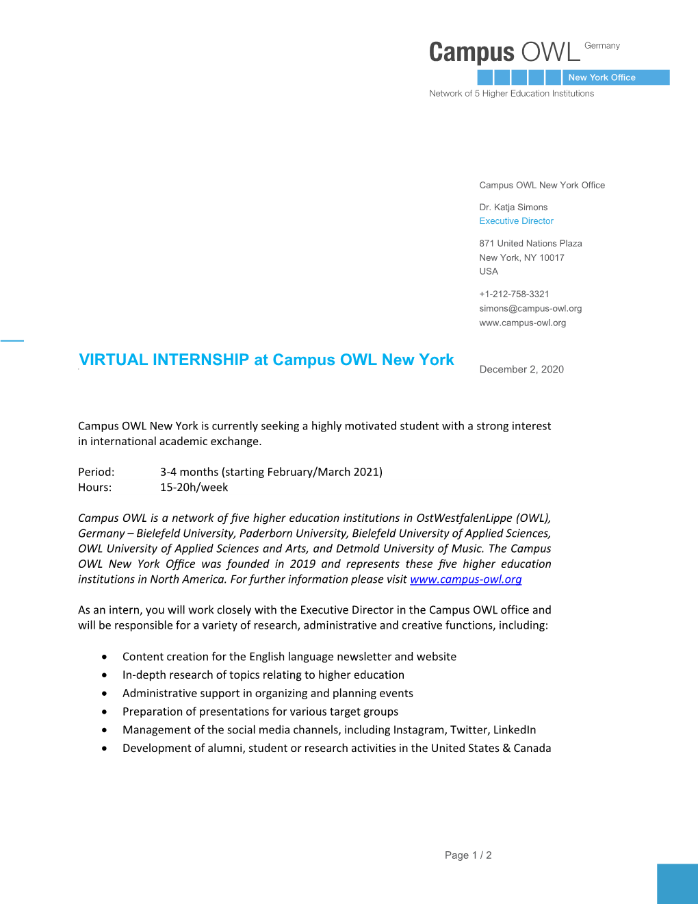 VIRTUAL INTERNSHIP at Campus OWL New York VI