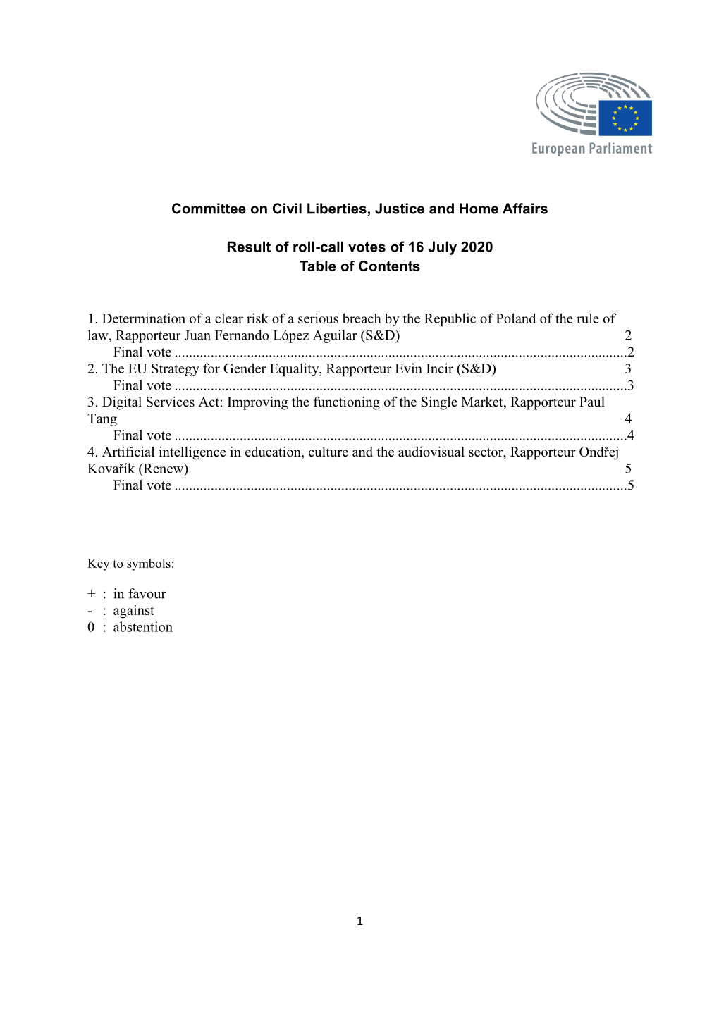 Committee on Civil Liberties, Justice and Home Affairs Result of Roll-Call