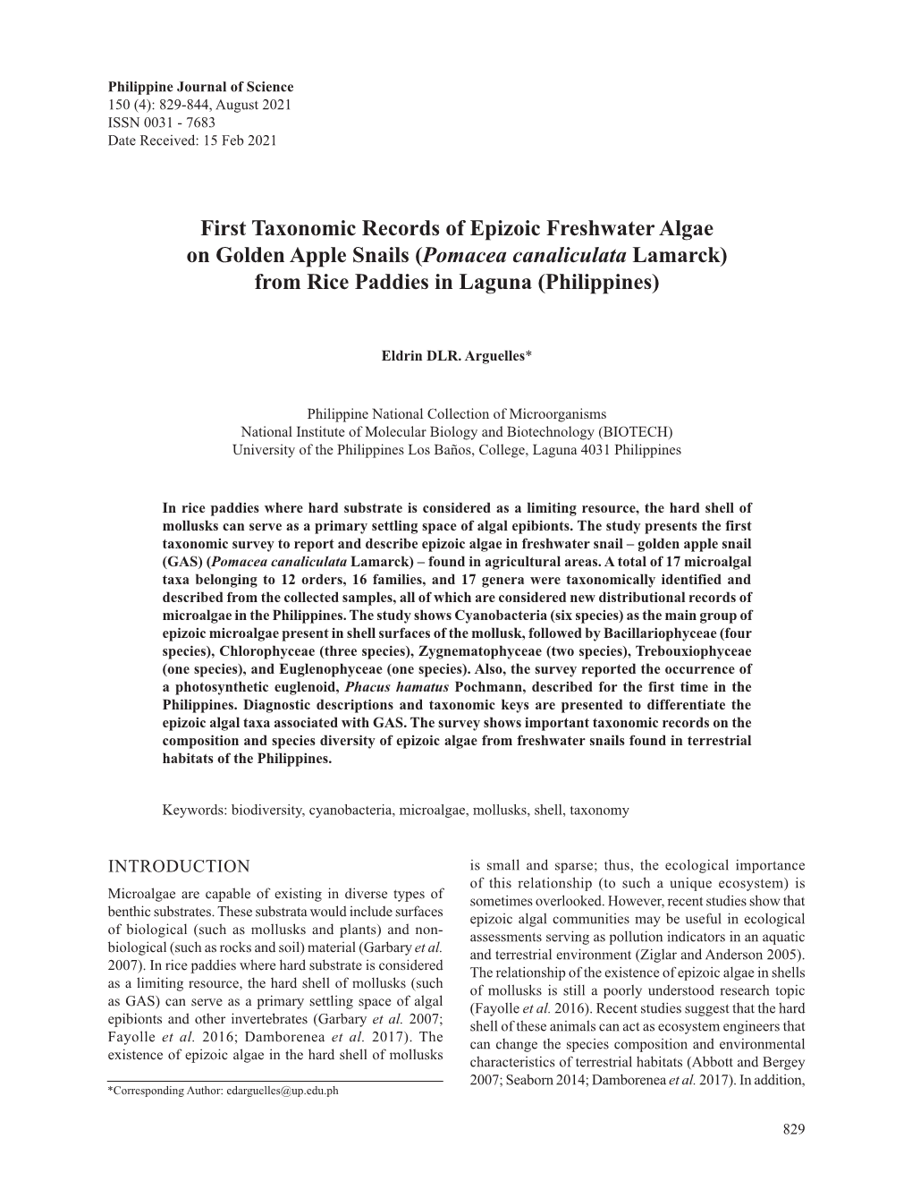 First Taxonomic Records of Epizoic Freshwater Algae on Golden Apple Snails (Pomacea Canaliculata Lamarck) from Rice Paddies in Laguna (Philippines)