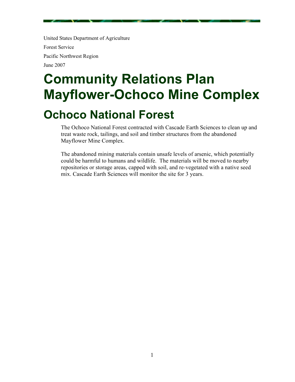 Community Relations Plan Mayflower-Ochoco Mine Complex