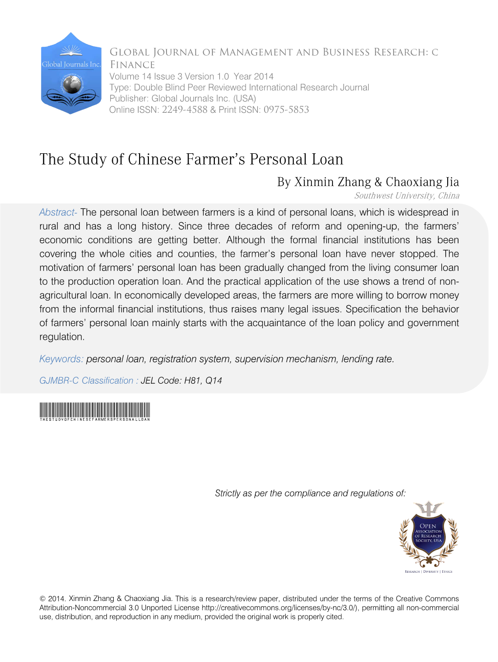 The Study of Chinese Farmer's Personal Loan