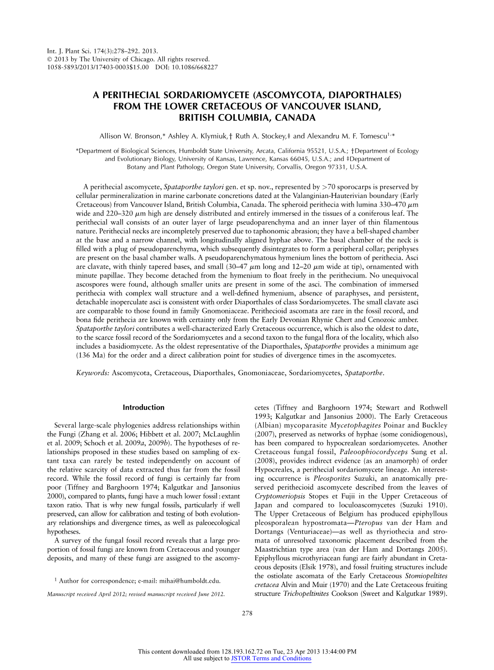 A Perithecial Sordariomycete (Ascomycota, Diaporthales) from the Lower Cretaceous of Vancouver Island, British Columbia, Canada