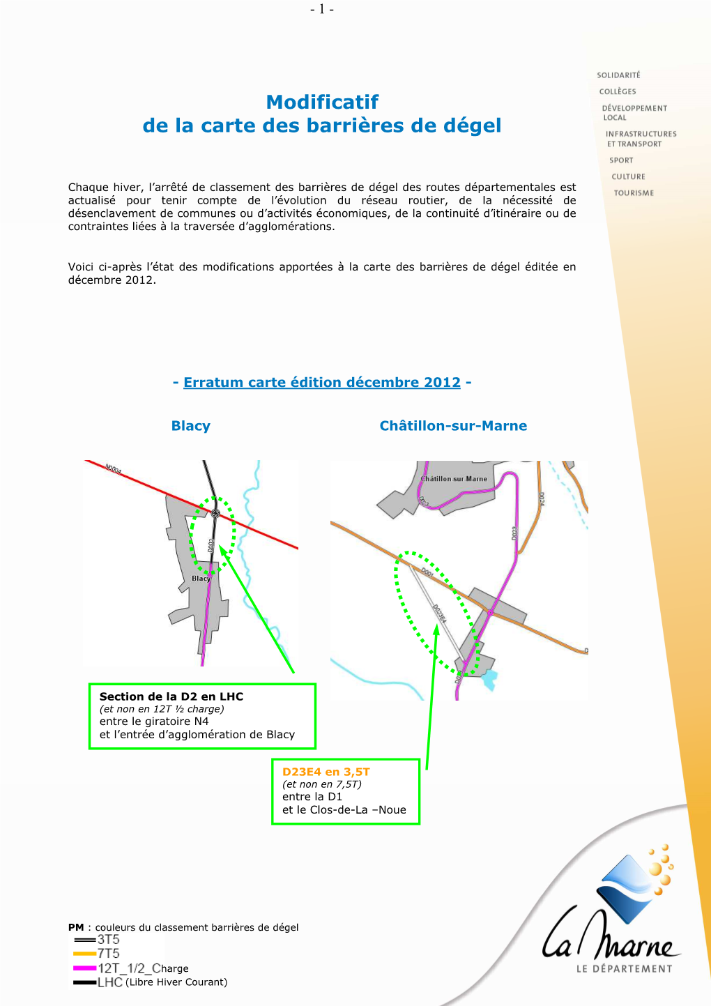 Modificatif De La Carte De Classement Des Barrières De Dégel MAJ Nov 2015