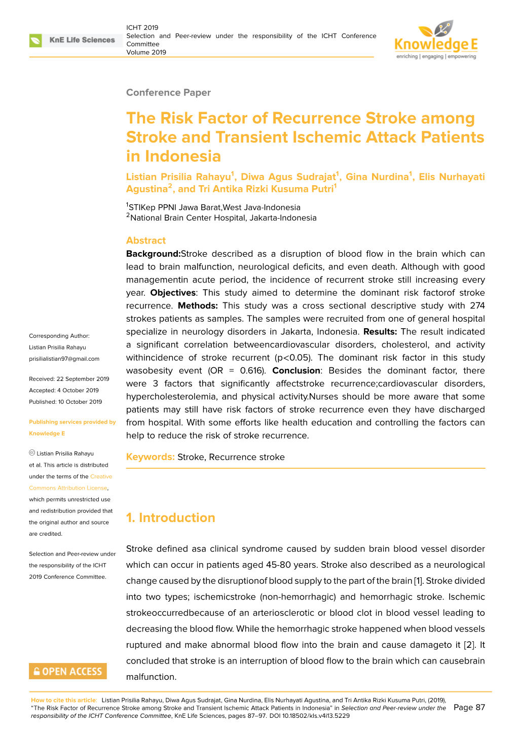 The Risk Factor of Recurrence Stroke Among Stroke and Transient