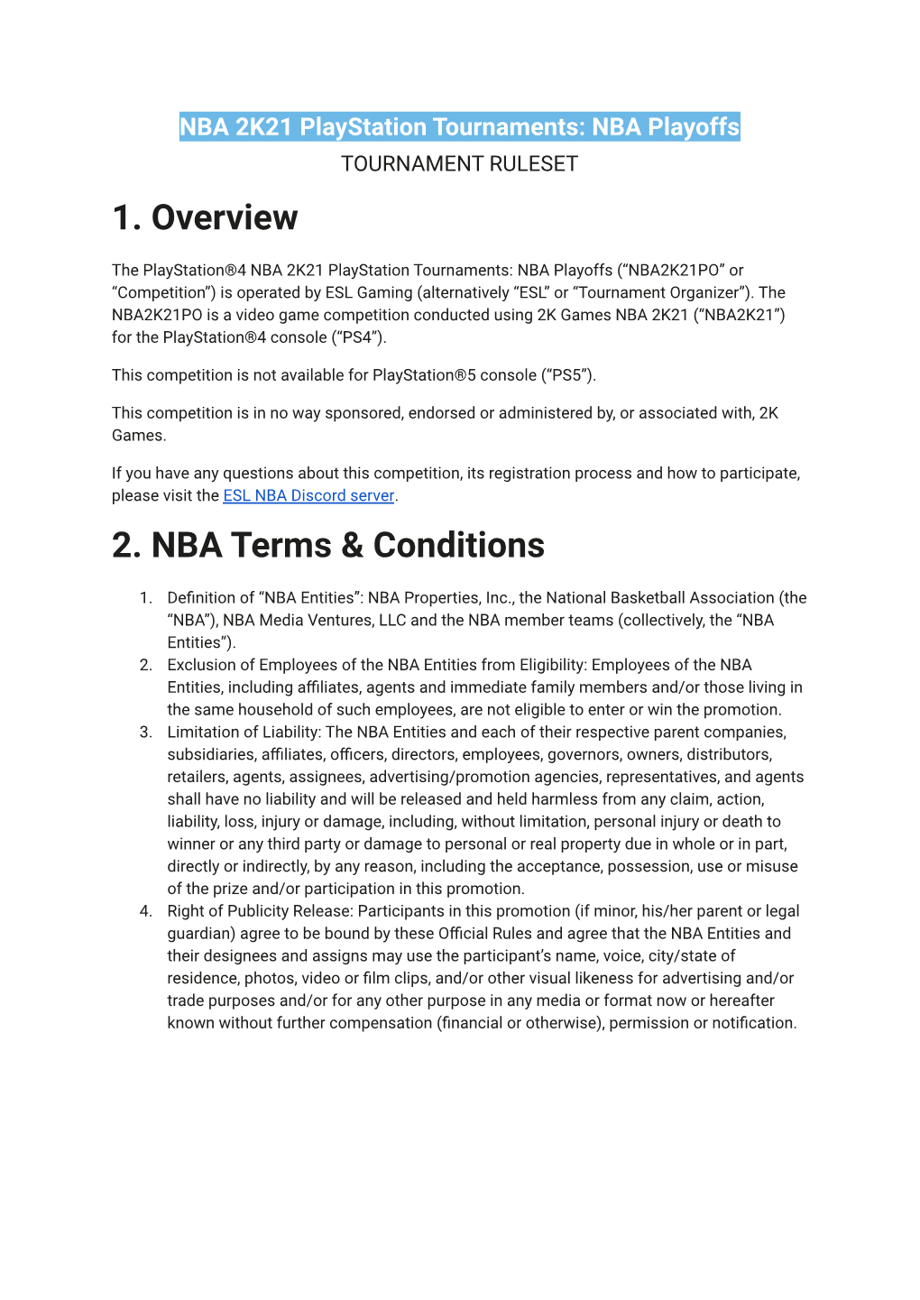 NBA Playoffs TOURNAMENT RULESET 1