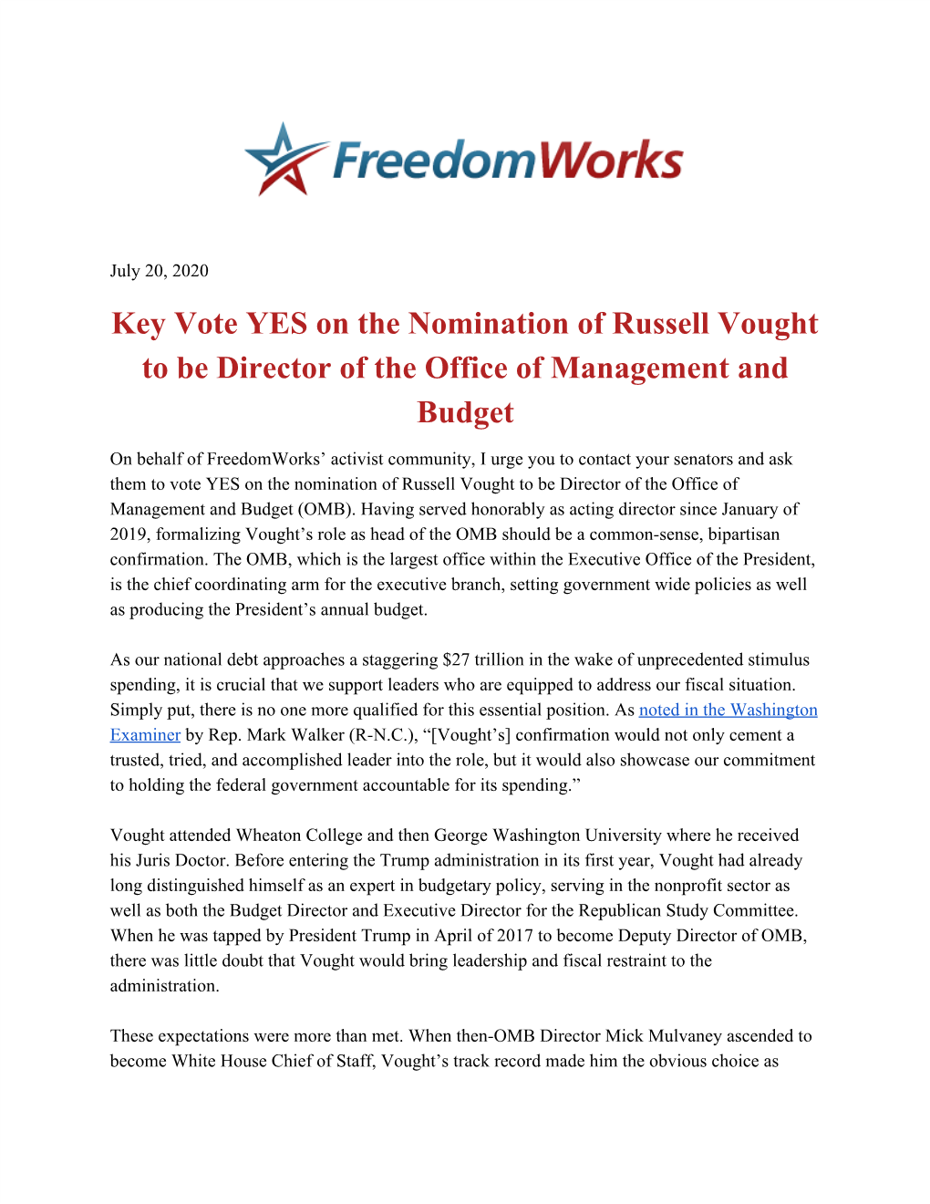 Key Vote YES on the Nomination of Russell Vought to Be Director of the Office of Management And
