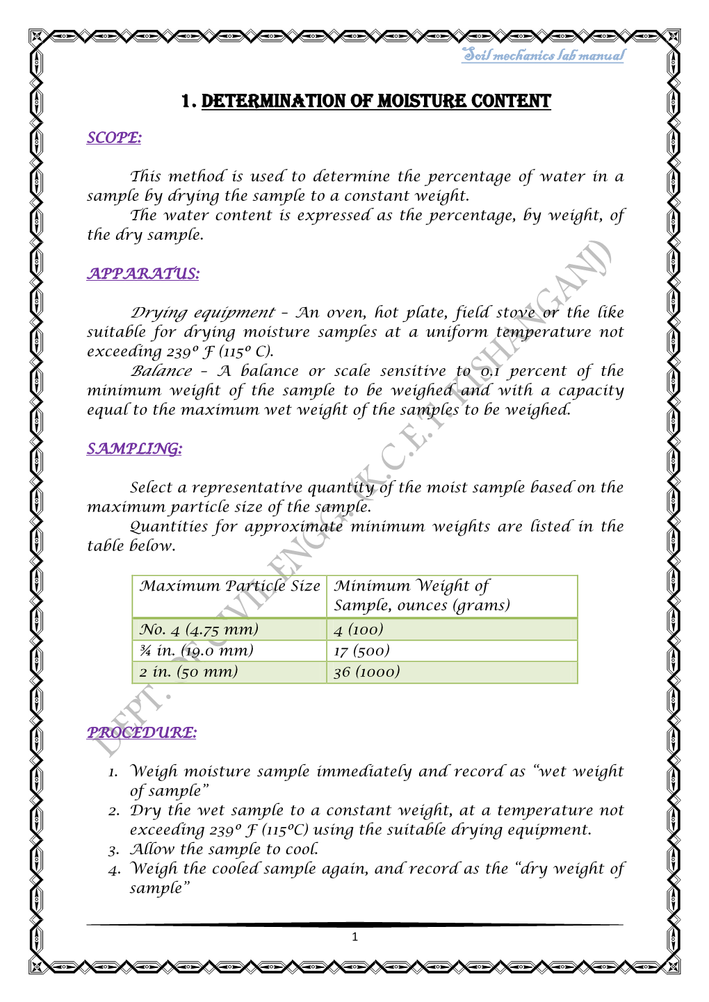 Soil Mechanics Lab Manual 1. DETERMINATION of MOISTURE