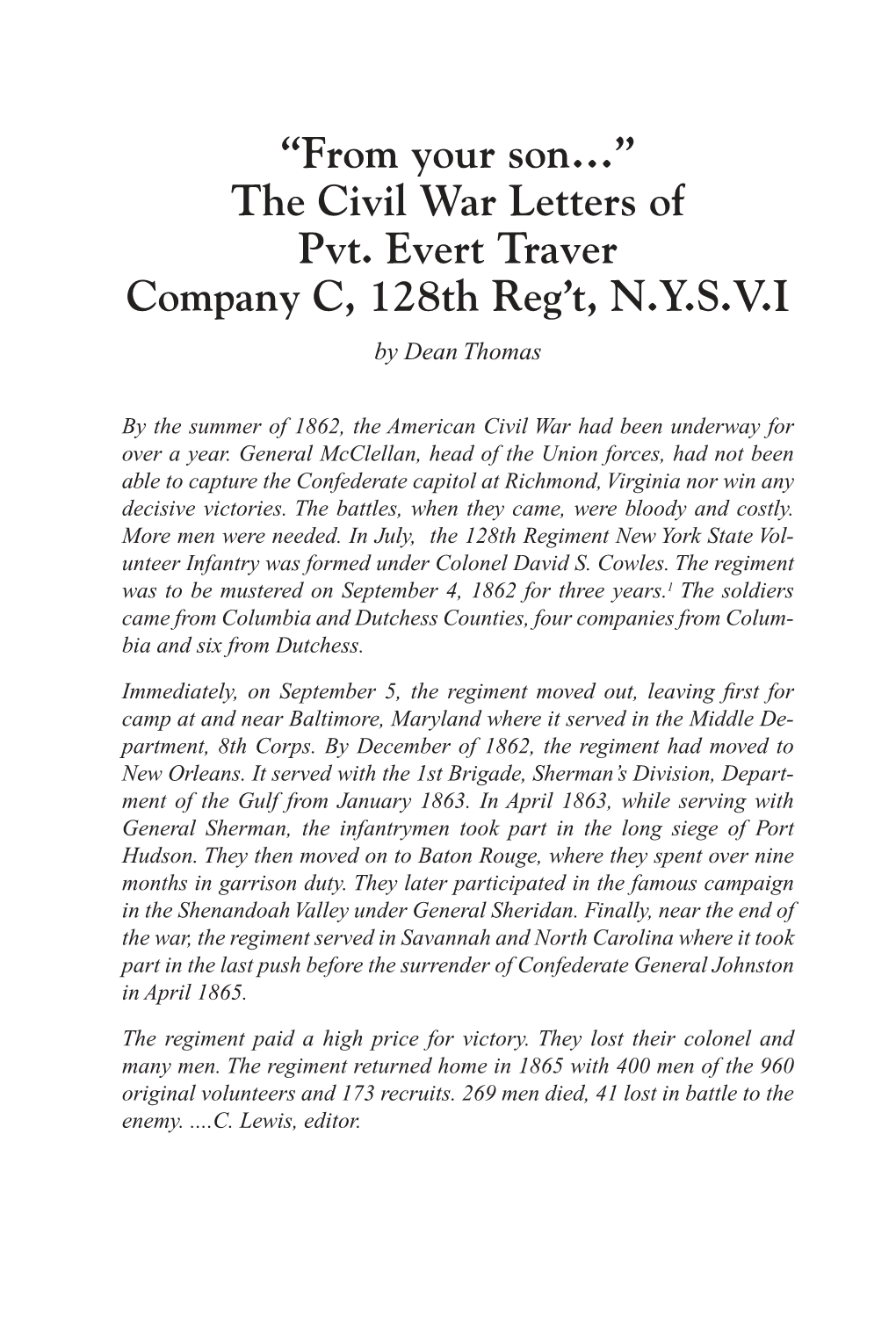 The Civil War Letters of Pvt. Evert Traver Company C, 128Th Reg't