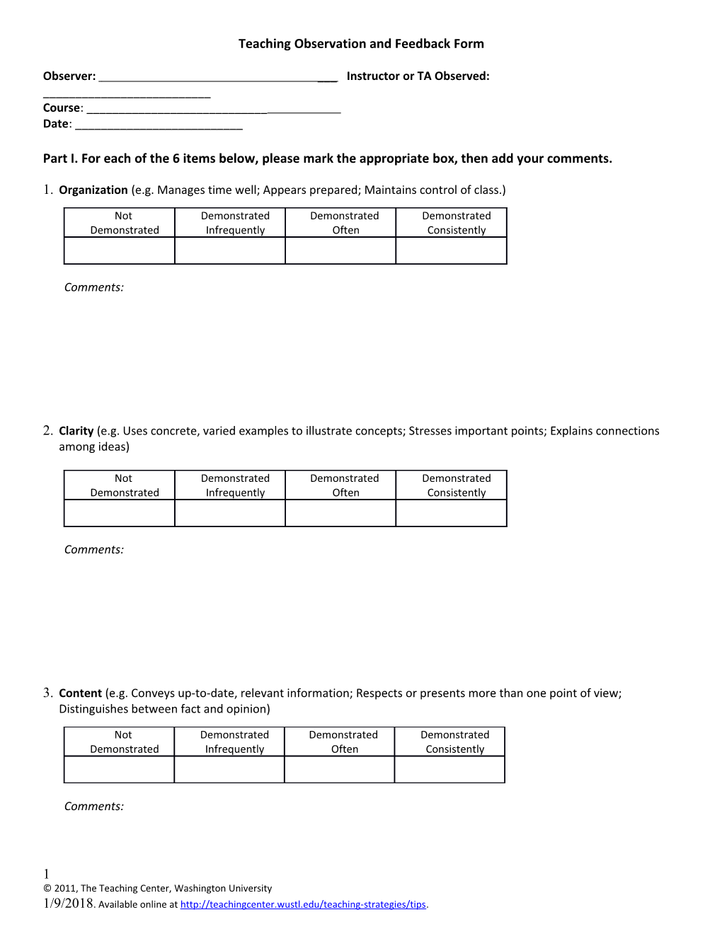 Teaching Observation and Feedback Form