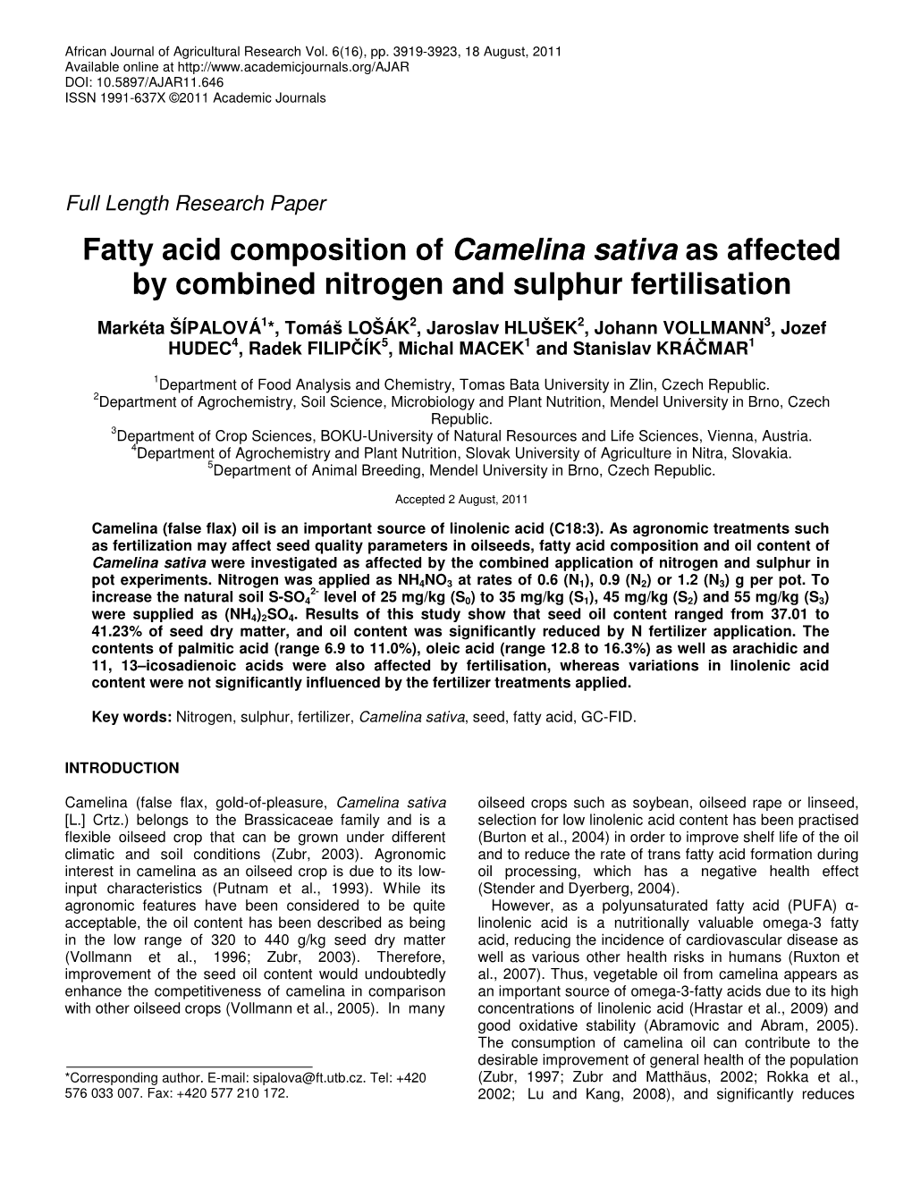 Fatty Acid Composition of Camelina Sativa As Affected by Combined Nitrogen and Sulphur Fertilisation