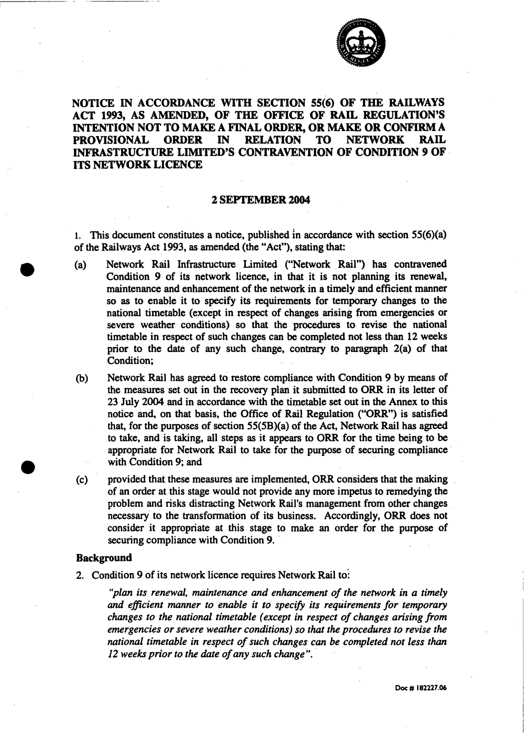 Of the Railways Act 1993, As Amended, of the Office of Rail Regulation's