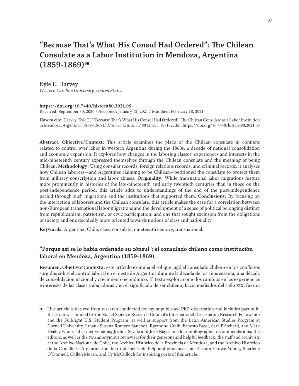 “Because That's What His Consul Had Ordered” : the Chilean Consulate As a Labor Institution in Mendoza, Argentina (1859-18