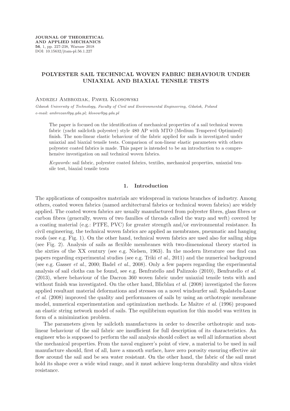 Polyester Sail Technical Woven Fabric Behaviour Under Uniaxial and Biaxial Tensile Tests