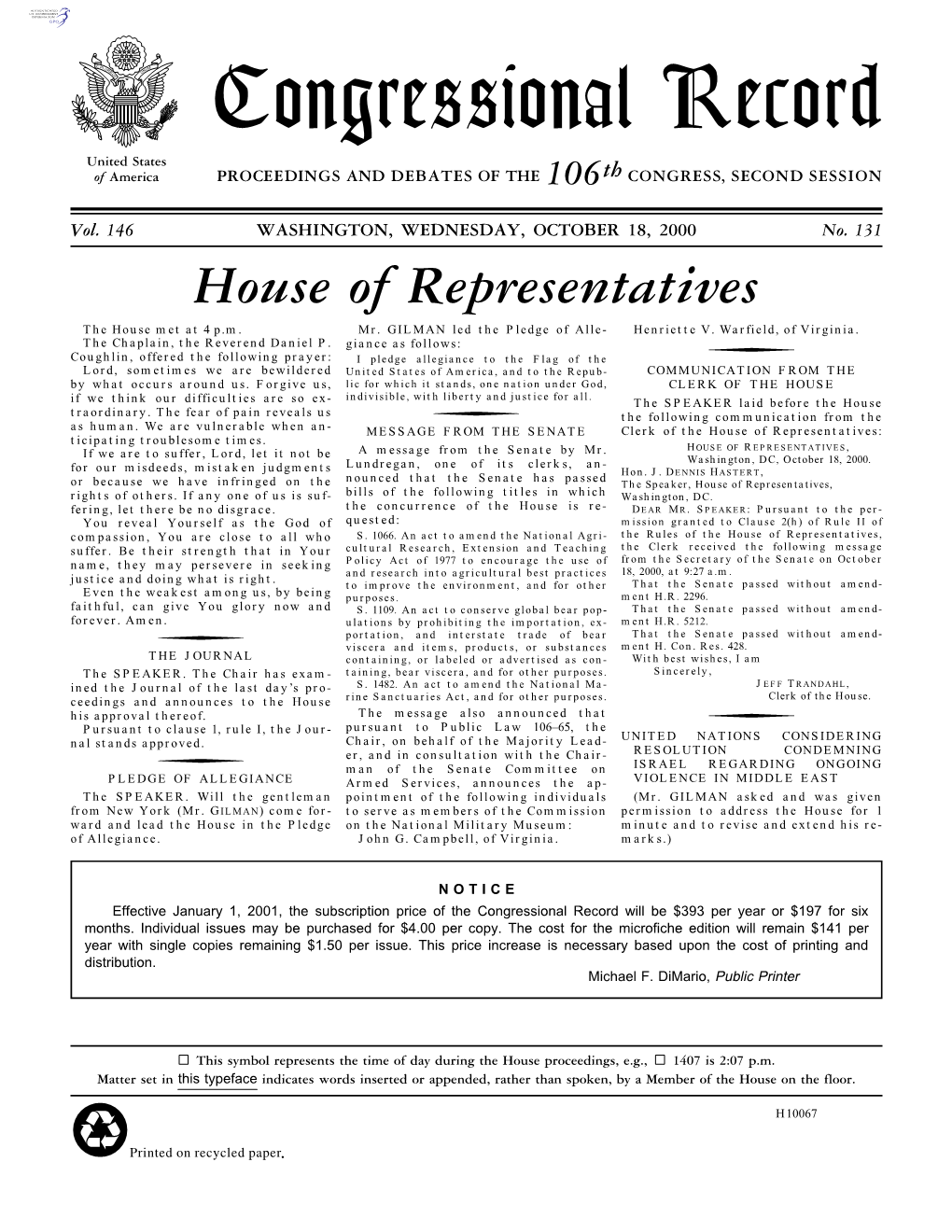 Congressional Record United States of America PROCEEDINGS and DEBATES of the 106Th CONGRESS, SECOND SESSION