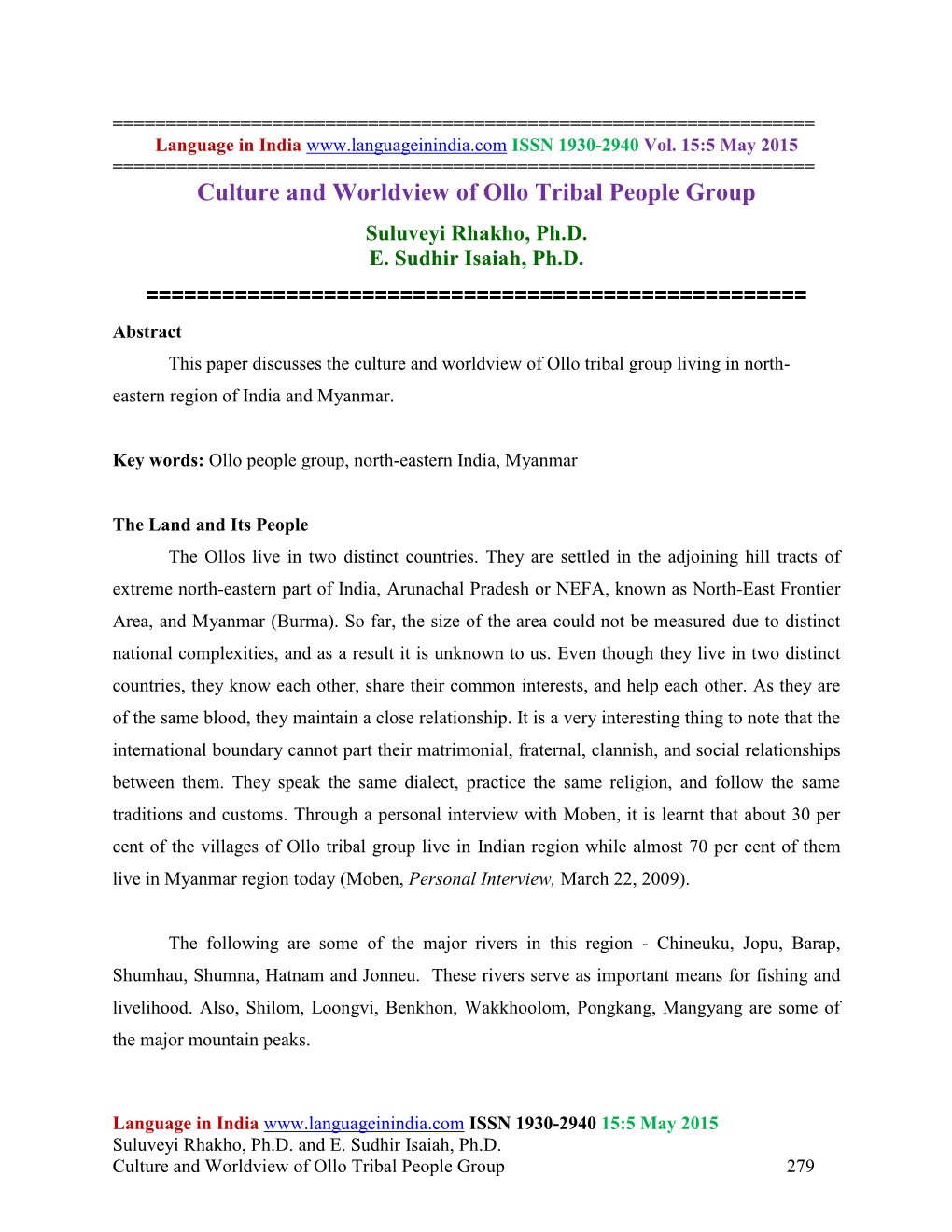 Culture and Worldview of Ollo Tribal People Group Suluveyi Rhakho, Ph.D