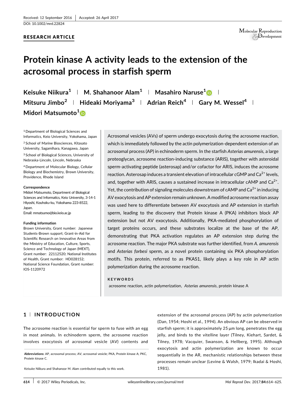 Protein Kinase a Activity Leads to the Extension of the Acrosomal Process in Starfish Sperm