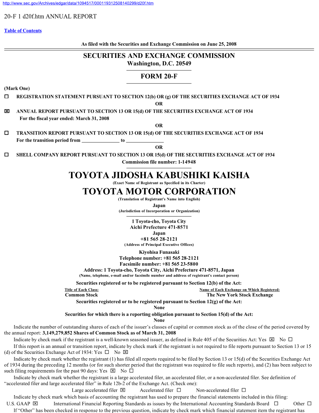 Toyota Jidosha Kabushiki Kaisha Toyota Motor