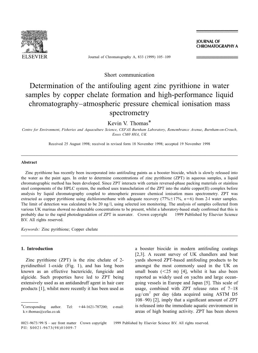 Determination of the Antifouling Agent Zinc Pyrithione in Water Samples By