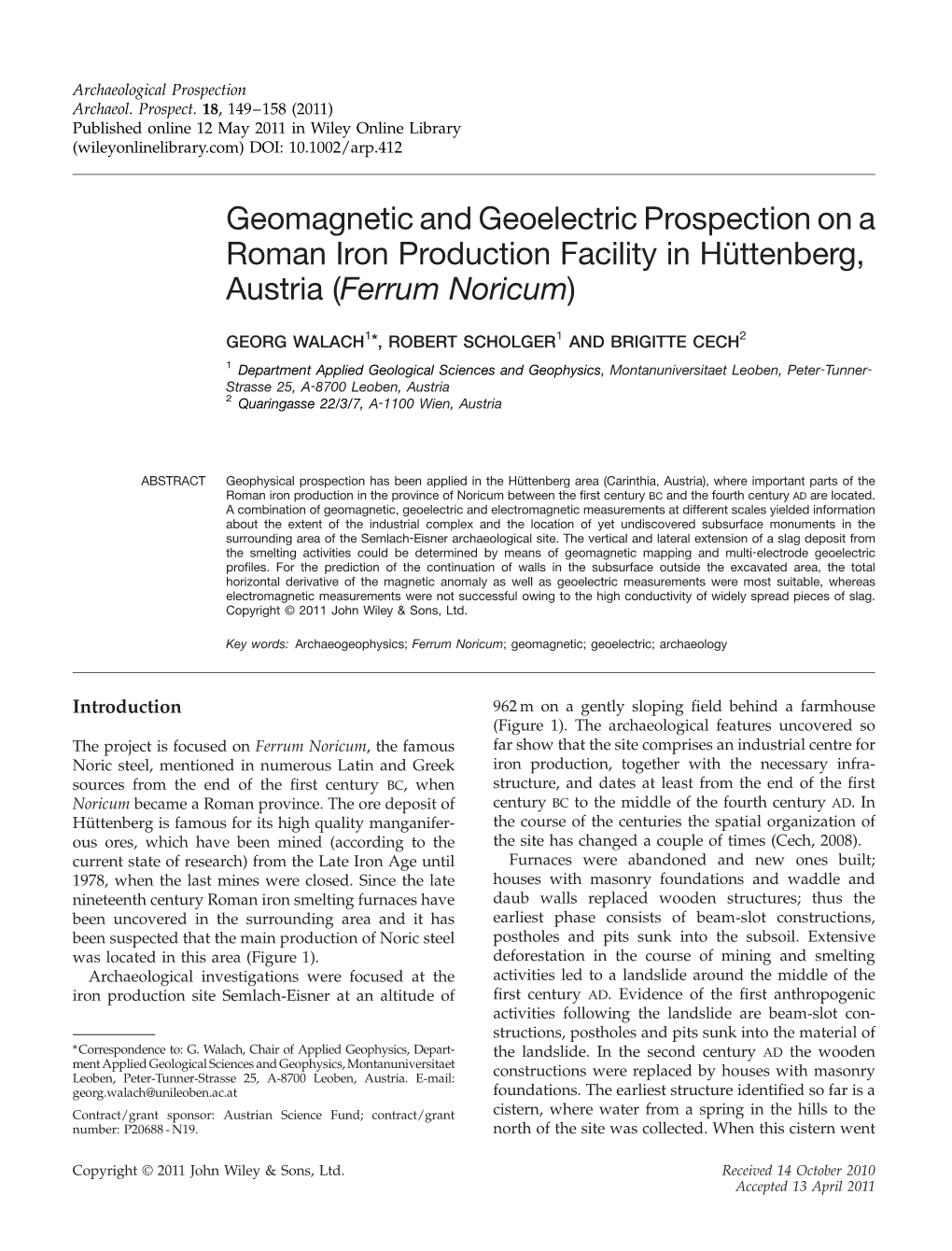 Geomagnetic and Geoelectric Prospection on a Roman Iron Production Facility in Hüttenberg, Austria (Ferrum Noricum)