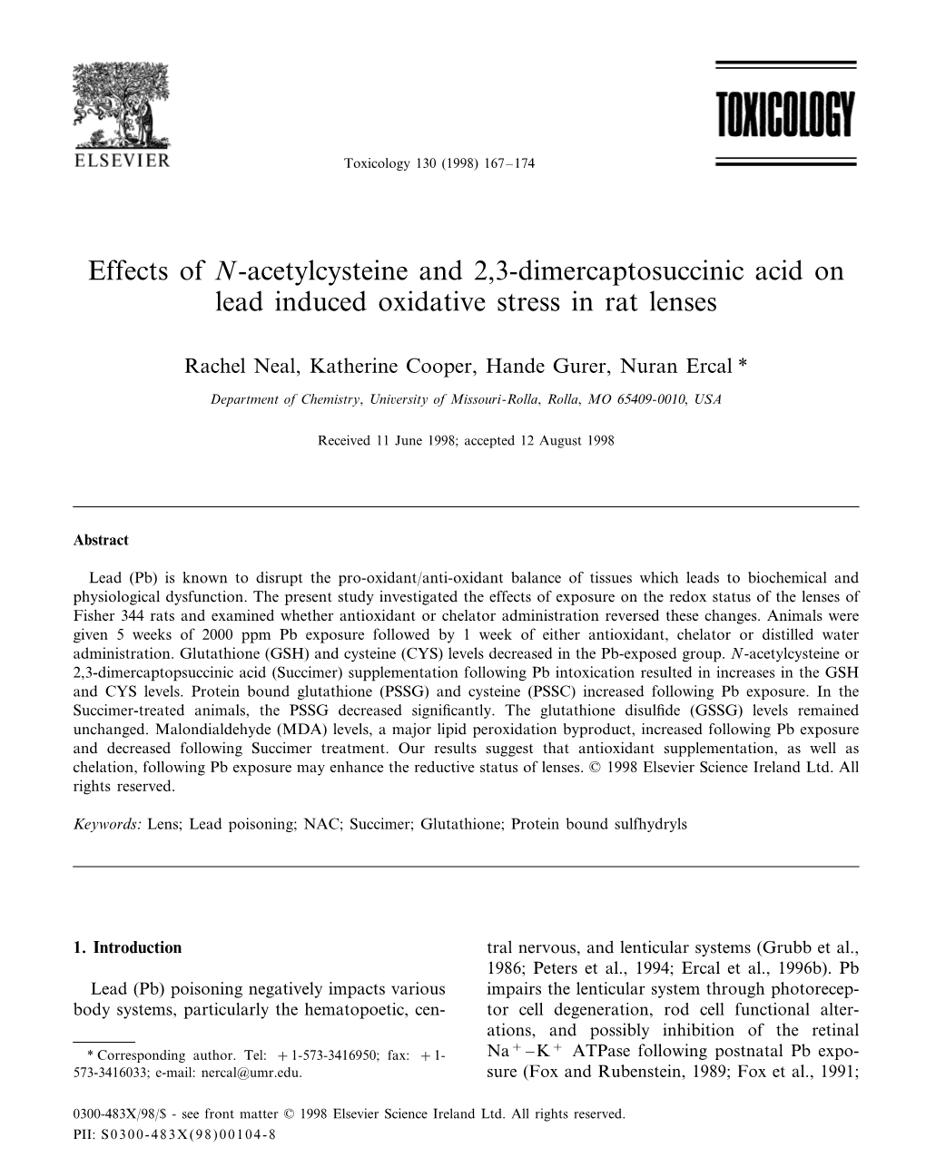 Effects of N-Acetylcysteine and 2,3-Dimercaptosuccinic Acid on Lead Induced Oxidative Stress in Rat Lenses