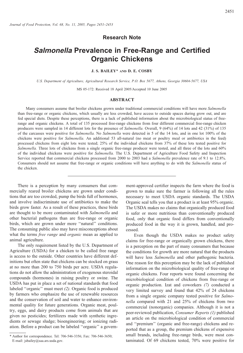 Salmonella Prevalence in Free-Range and Certified Organic Chickens