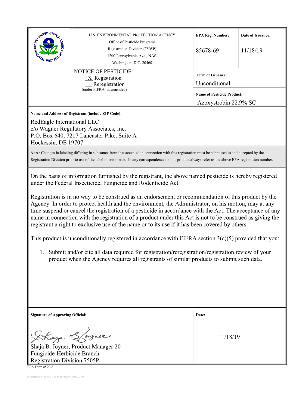 US EPA, Pesticide Product Label, Azoxystrobin 22.9% SC,11/18/2019