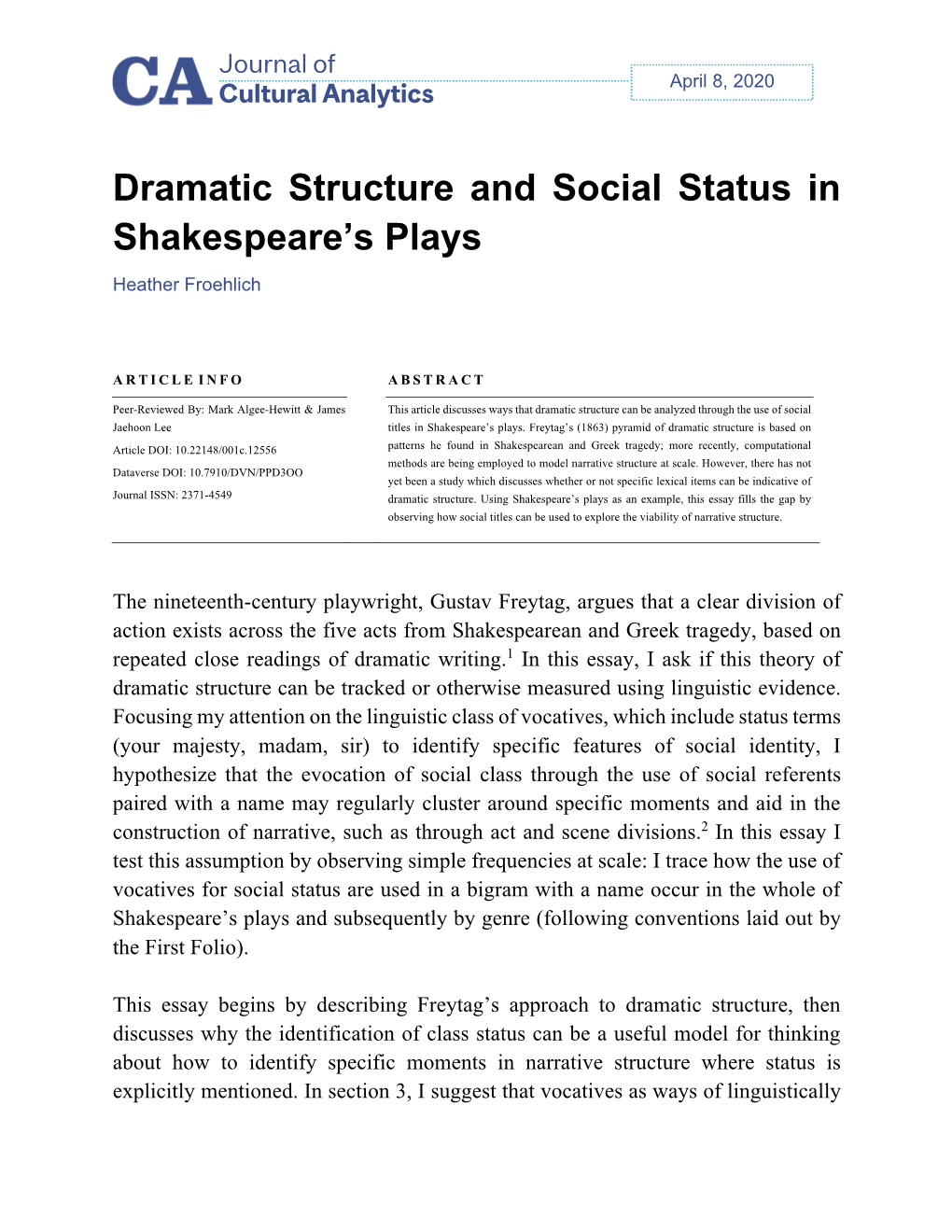 Dramatic Structure and Social Status in Shakespeare's Plays