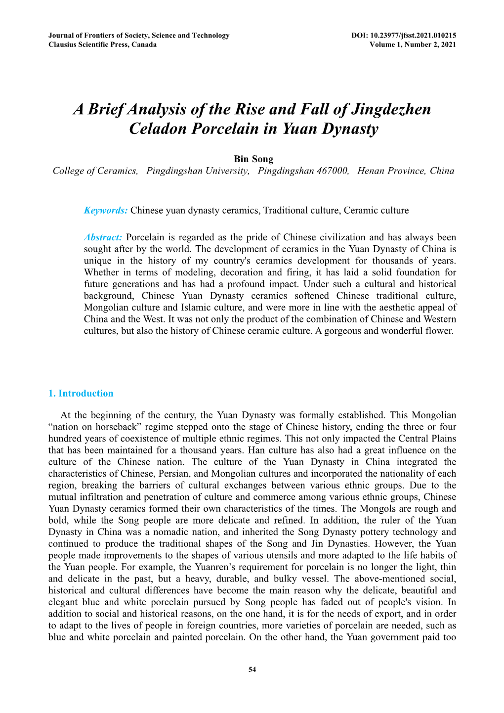 A Brief Analysis of the Rise and Fall of Jingdezhen Celadon Porcelain in Yuan Dynasty