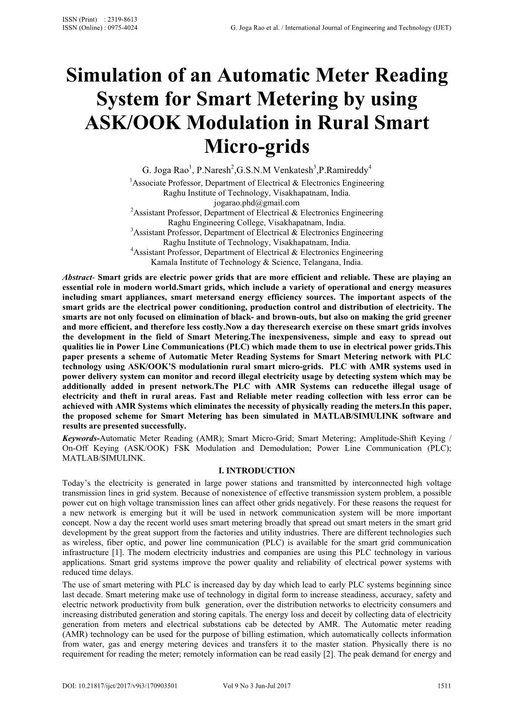 Simulation of an Automatic Meter Reading System for Smart Metering by Using ASK/OOK Modulation in Rural Smart Micro-Grids G