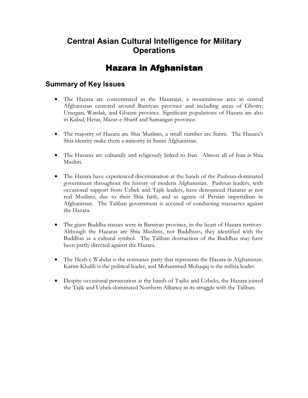 Central Asian Cultural Intelligence for Military Operations Hazara In