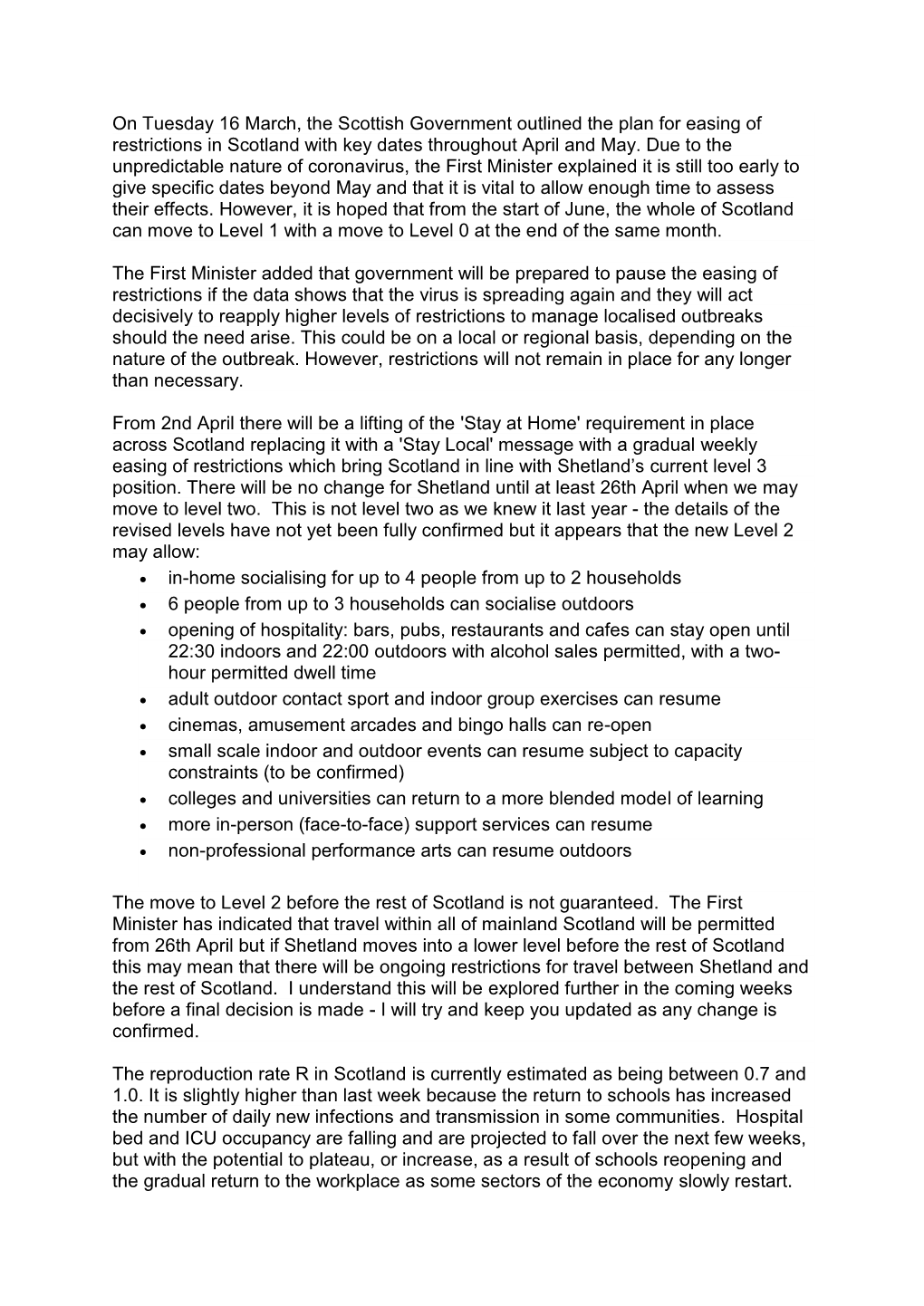 On Tuesday 16 March, the Scottish Government Outlined the Plan for Easing of Restrictions in Scotland with Key Dates Throughout April and May