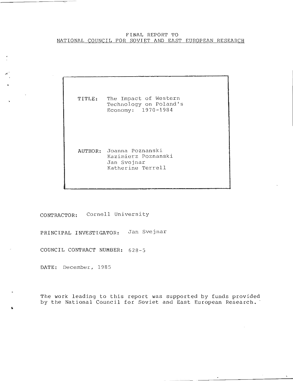 The Impact of Western Technology on Poland's Economy: 1970-1984