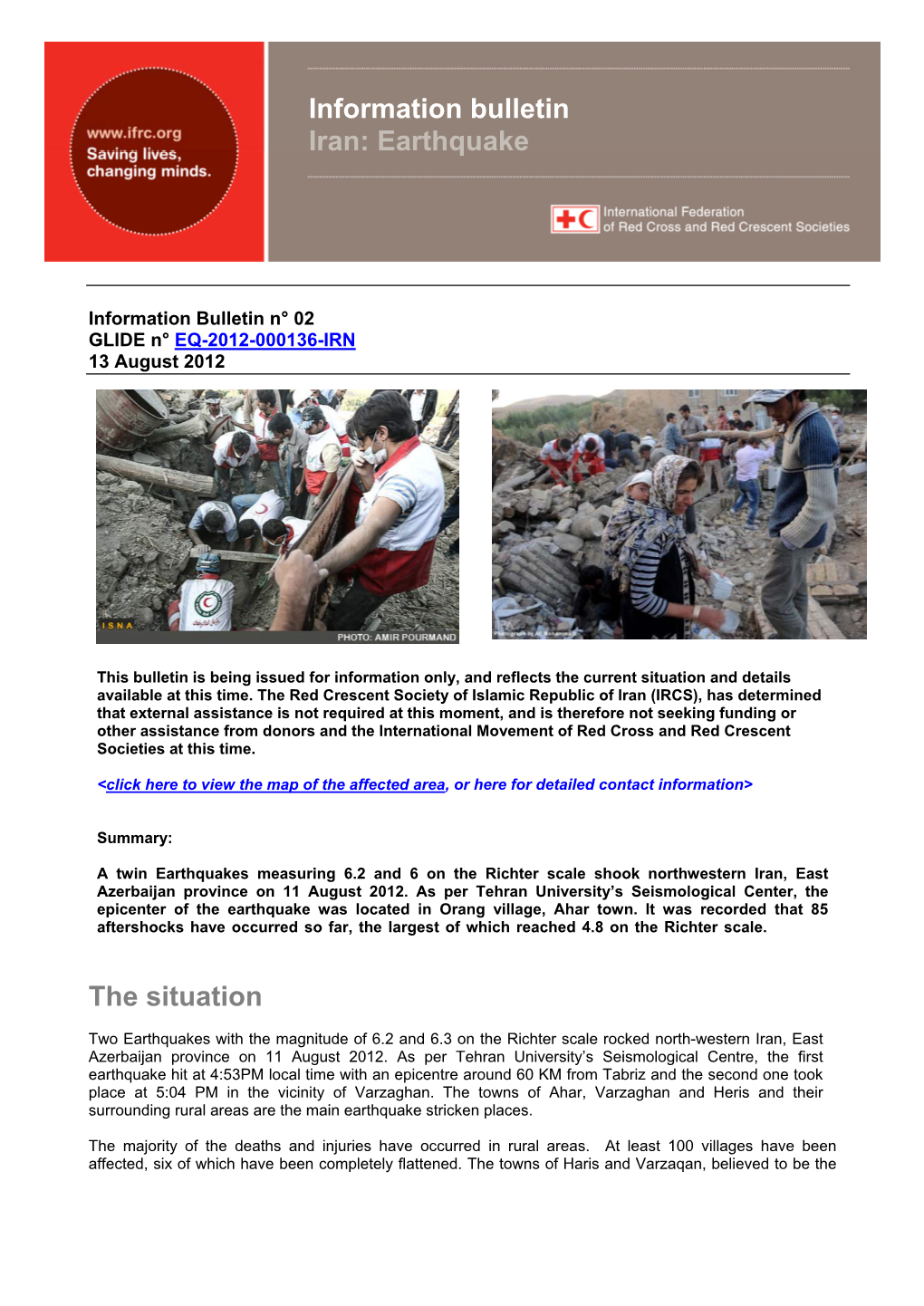The Situation Information Bulletin Iran: Earthquake