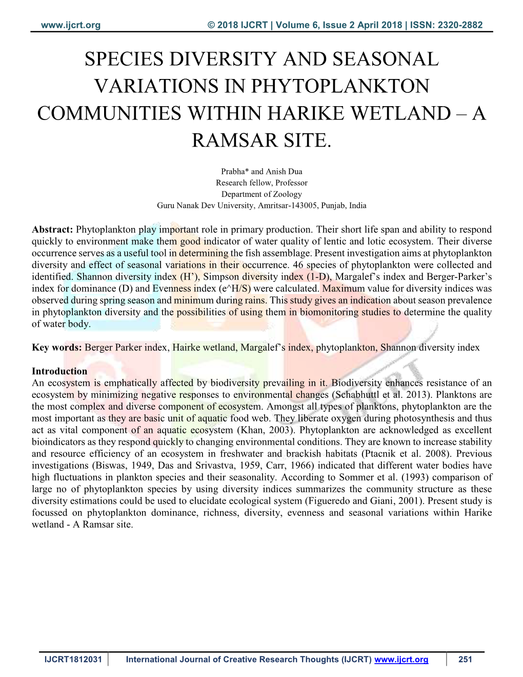 Species Diversity and Seasonal Variations in Phytoplankton Communities Within Harike Wetland – a Ramsar Site