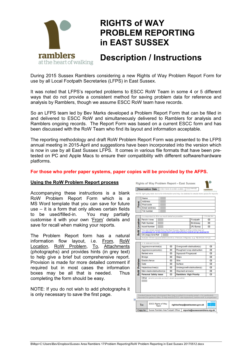 RIGHTS of WAY PROBLEM REPORTING in EAST SUSSEX Description / Instructions