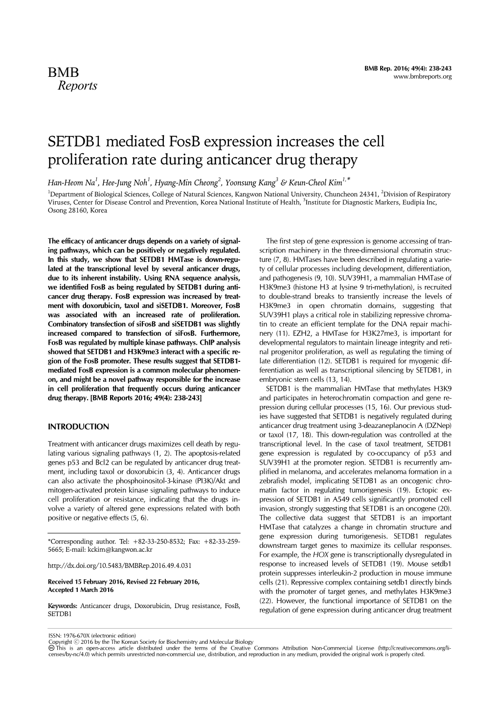 SETDB1 Mediated Fosb Expression Increases the Cell Proliferation Rate During Anticancer Drug Therapy