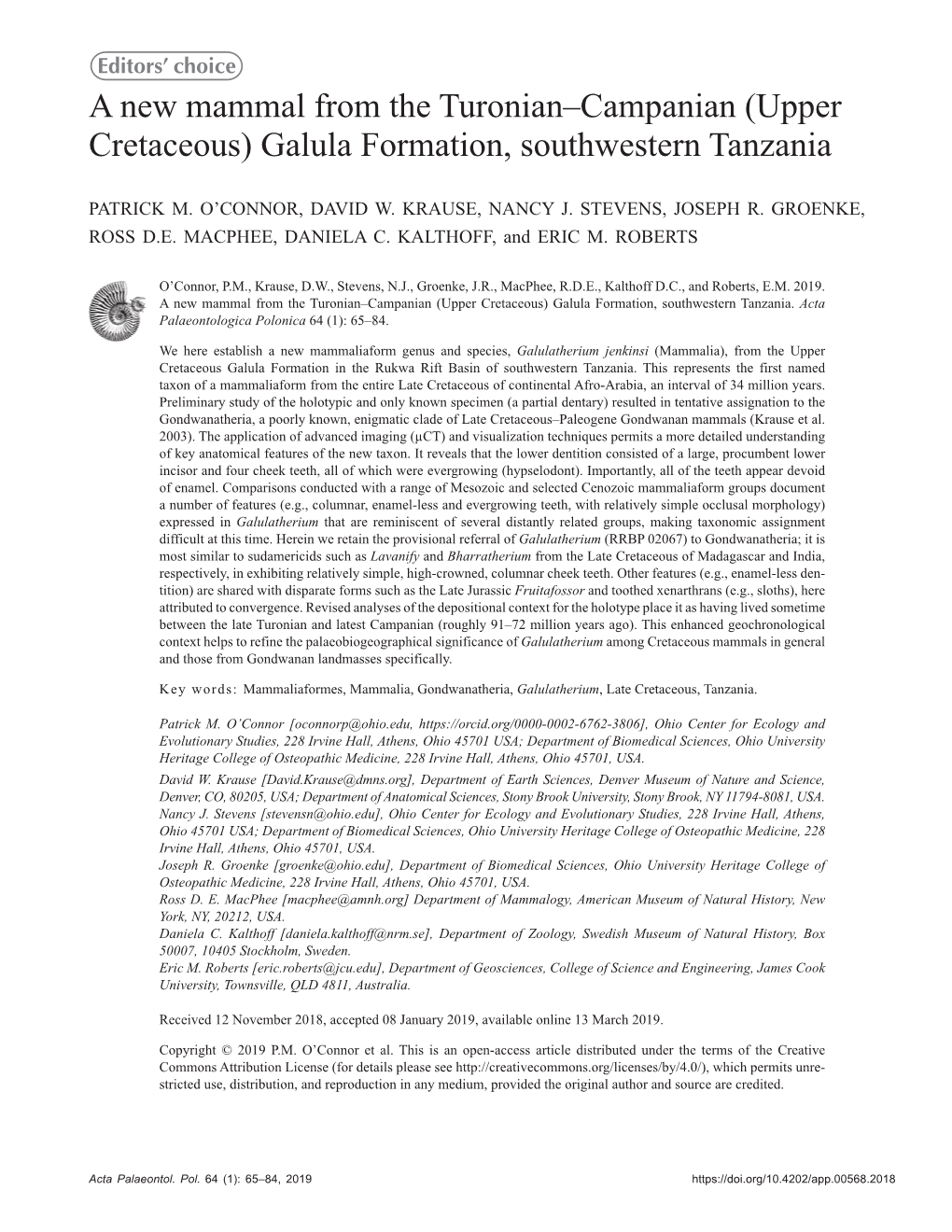 A New Mammal from the Turonian–Campanian (Upper Cretaceous) Galula Formation, Southwestern Tanzania