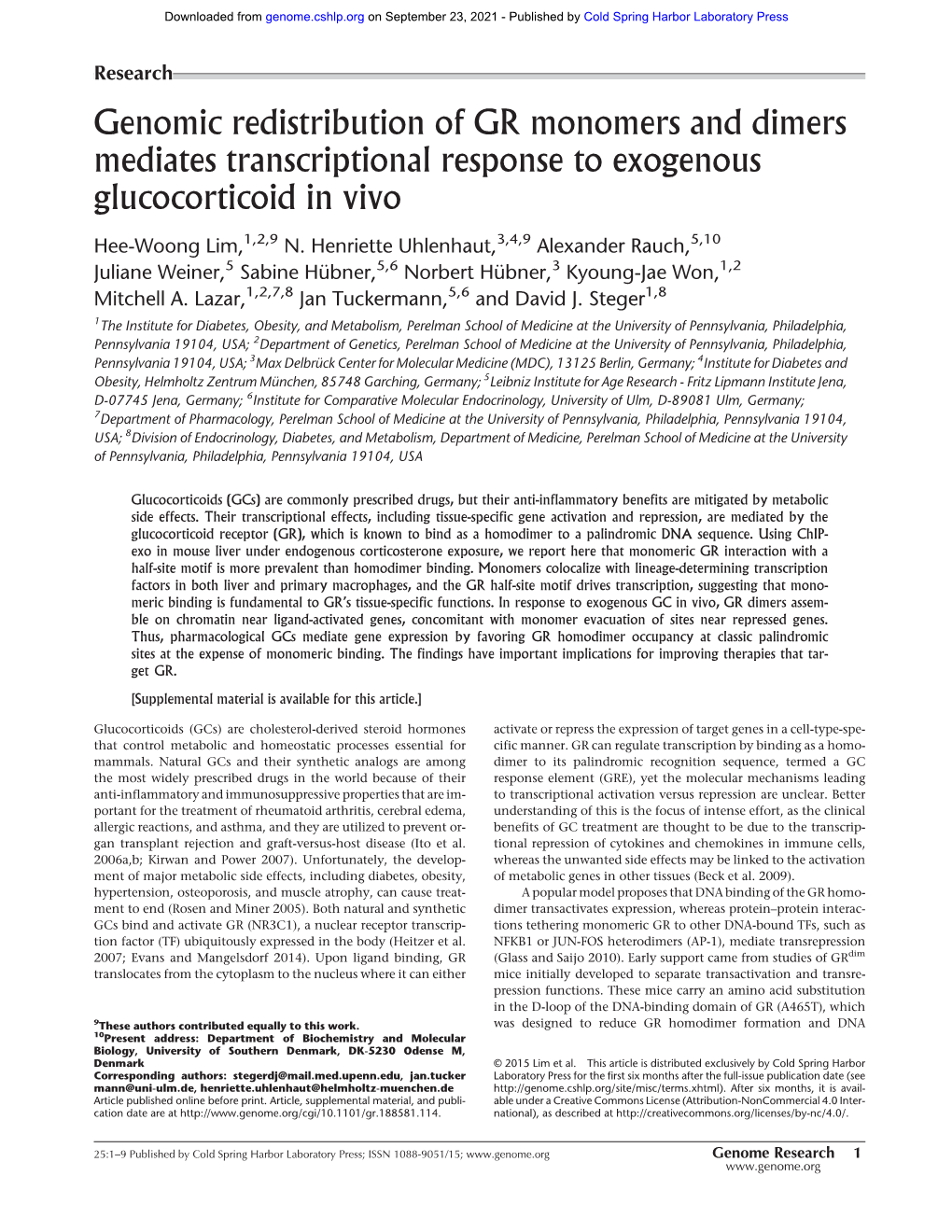 Genomic Redistribution of GR Monomers and Dimers Mediates Transcriptional Response to Exogenous Glucocorticoid in Vivo