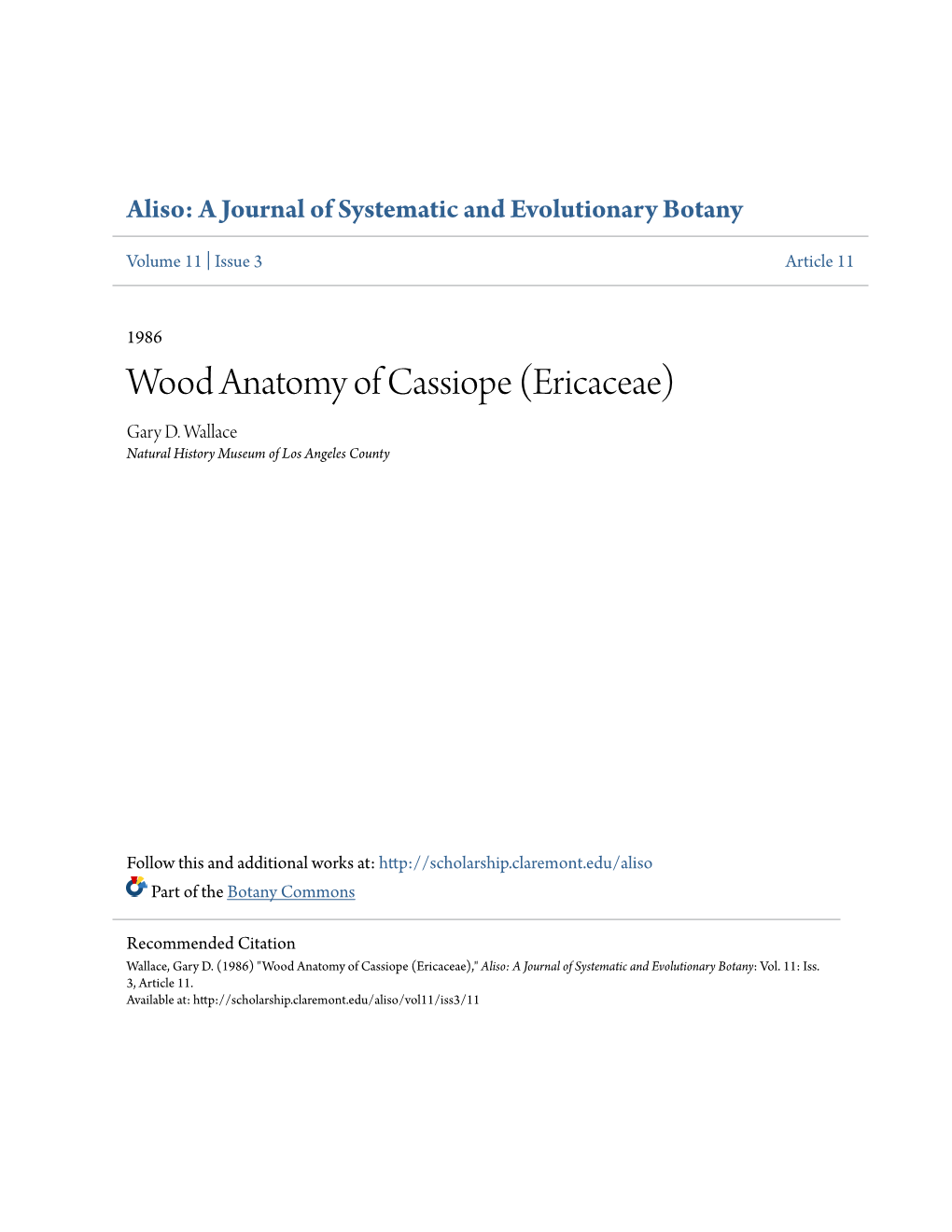 Wood Anatomy of Cassiope (Ericaceae) Gary D