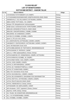 Flood Relief List of Beneficiaries Kottayam District - Vaikom Taluk Sl
