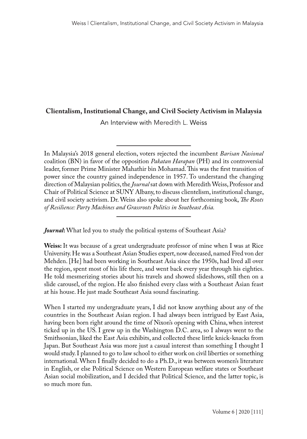 Clientalism, Institutional Change, and Civil Society Activism in Malaysia